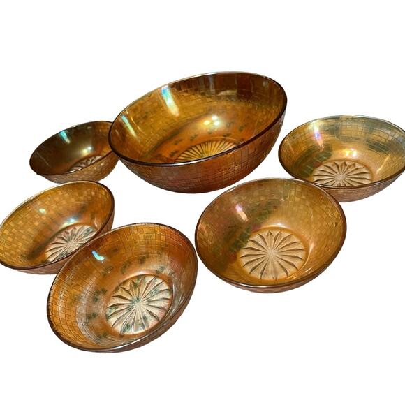 Vintage Carnival Glass Marigold Basketweave Iridescent Set of 6 Bowls - Picture 5 of 5